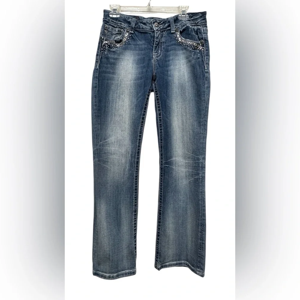 Miss Me Easy Boot Cut Blue Jeans Women’s 29 Embellished Pockets Denim Y2K